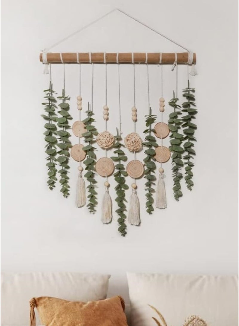 عش الحضري معلق حائطي من المكرميه لعرض الصور، منظم بطاقات الصور مع كرات من الخوص على شكل أوراق، ديكور حائطي يدوي من النباتات الطبيعية على طراز بوهو، هدية - Image 1